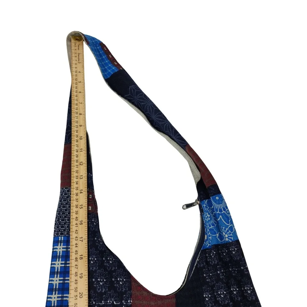 Indigo Patchwork Hobo Bag Blue Cotton Canvas Crossbody Boho Sashiko Style
